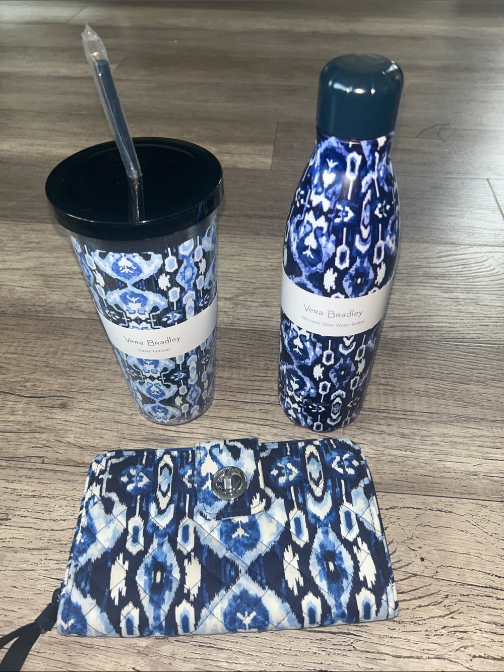 Vera Bradley Navy & White Ikat Tumbler, Bottle and Quilted Wallet Set